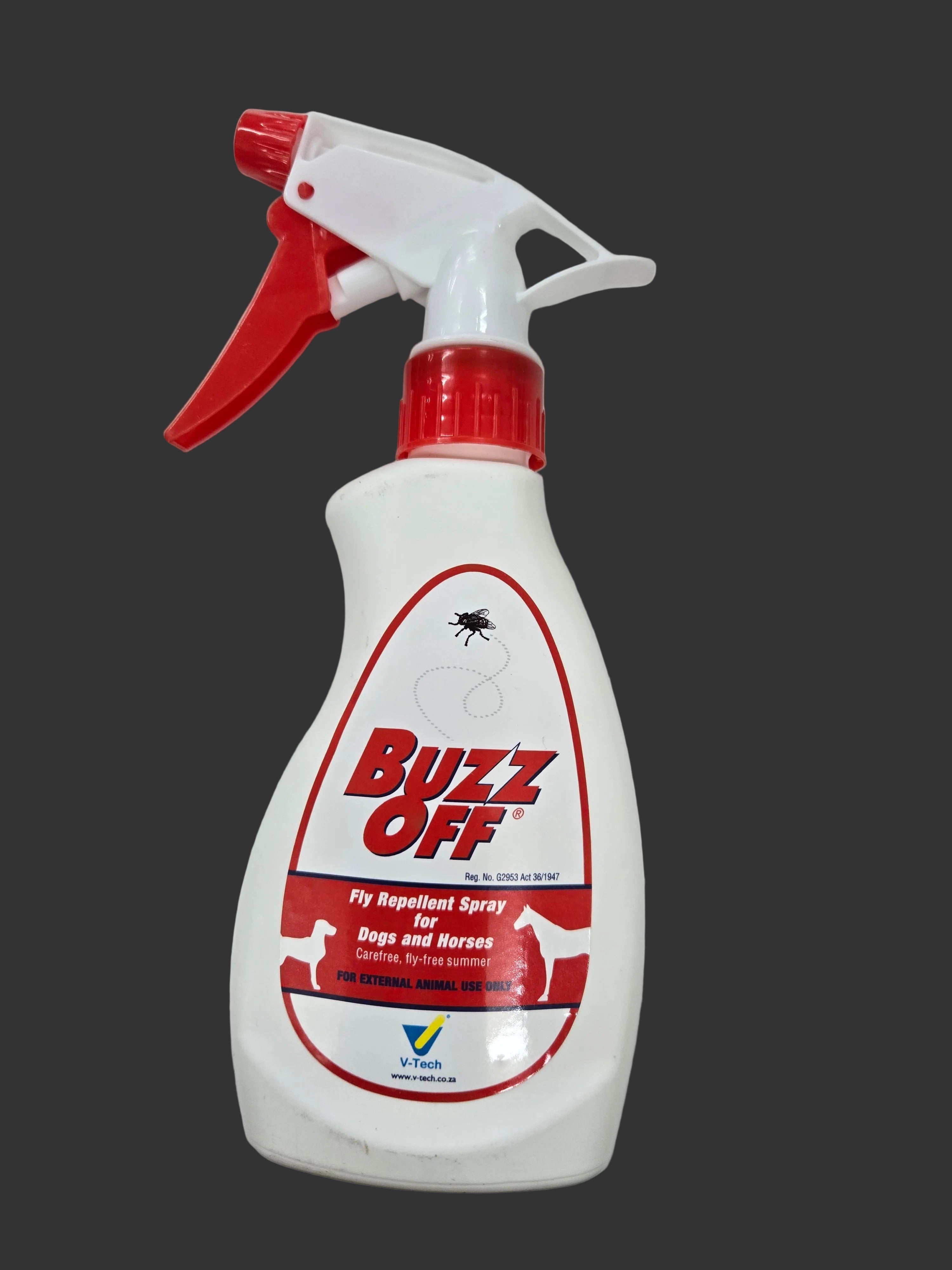 Bug spray bottle labeled 'Buzz Off' on a white background